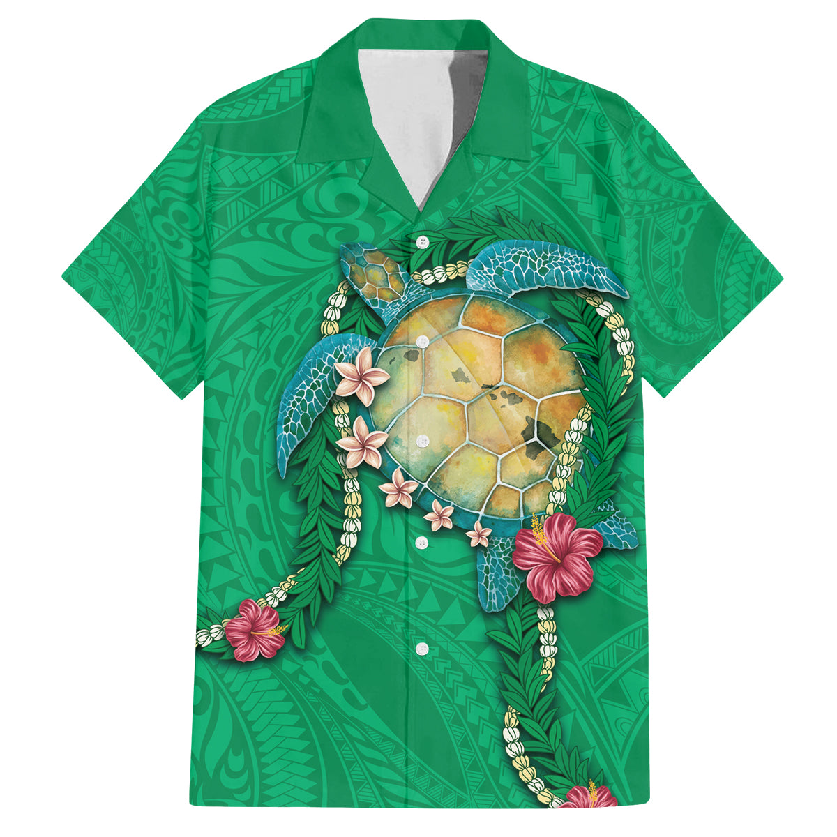 Hawaii Pikake and Maile Lei Family Matching Tank Maxi Dress and Hawaiian Shirt Honu Polynesian Pattern Green Color LT03 Dad's Shirt - Short Sleeve Green - Polynesian Pride