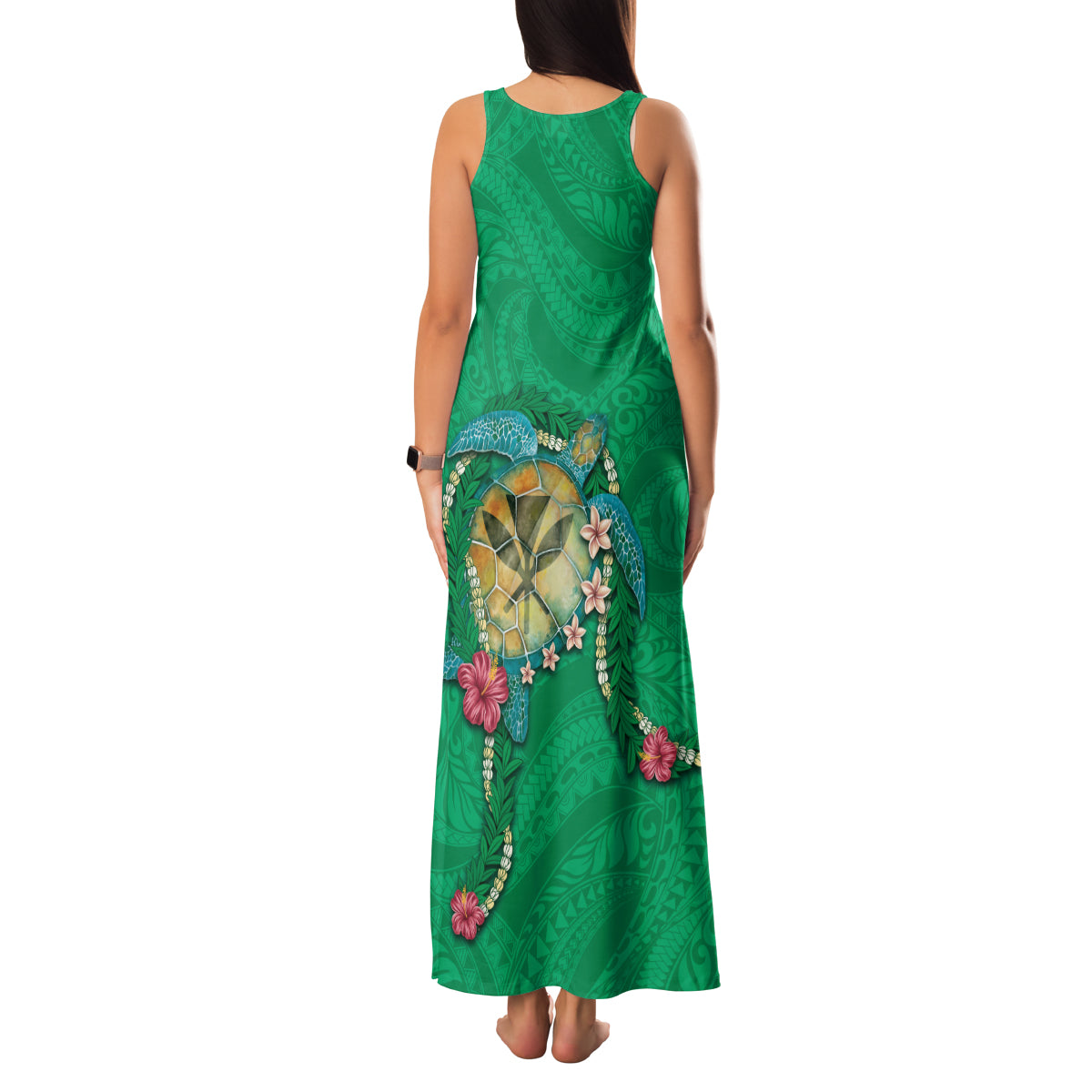 Hawaii Pikake and Maile Lei Family Matching Tank Maxi Dress and Hawaiian Shirt Honu Polynesian Pattern Green Color LT03 - Polynesian Pride