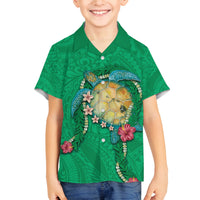 Hawaii Pikake and Maile Lei Family Matching Tank Maxi Dress and Hawaiian Shirt Honu Polynesian Pattern Green Color LT03 Son's Shirt Green - Polynesian Pride