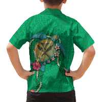 Hawaii Pikake and Maile Lei Kid Hawaiian Shirt Honu Polynesian Pattern Green Color