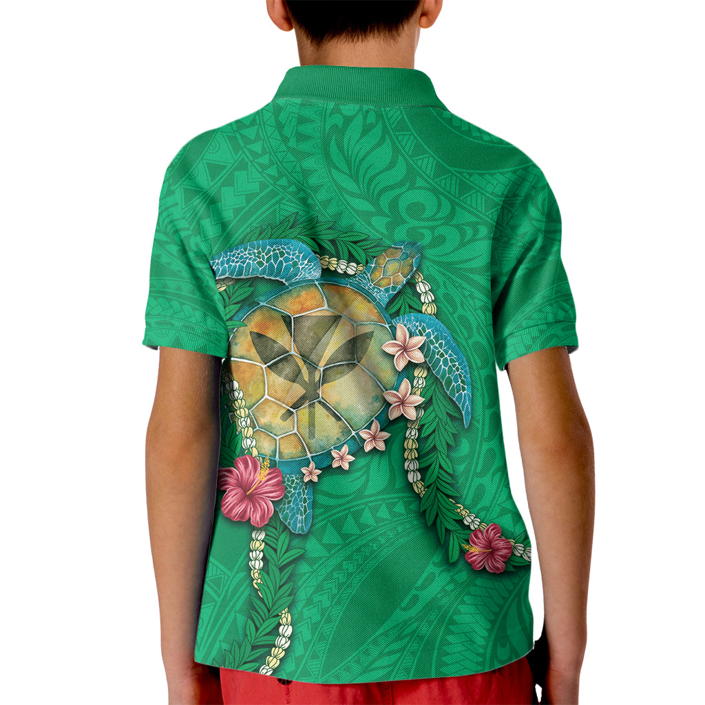 Hawaii Pikake and Maile Lei Kid Polo Shirt Honu Polynesian Pattern Green Color
