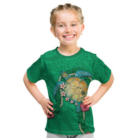 Hawaii Pikake and Maile Lei Kid T Shirt Honu Polynesian Pattern Green Color