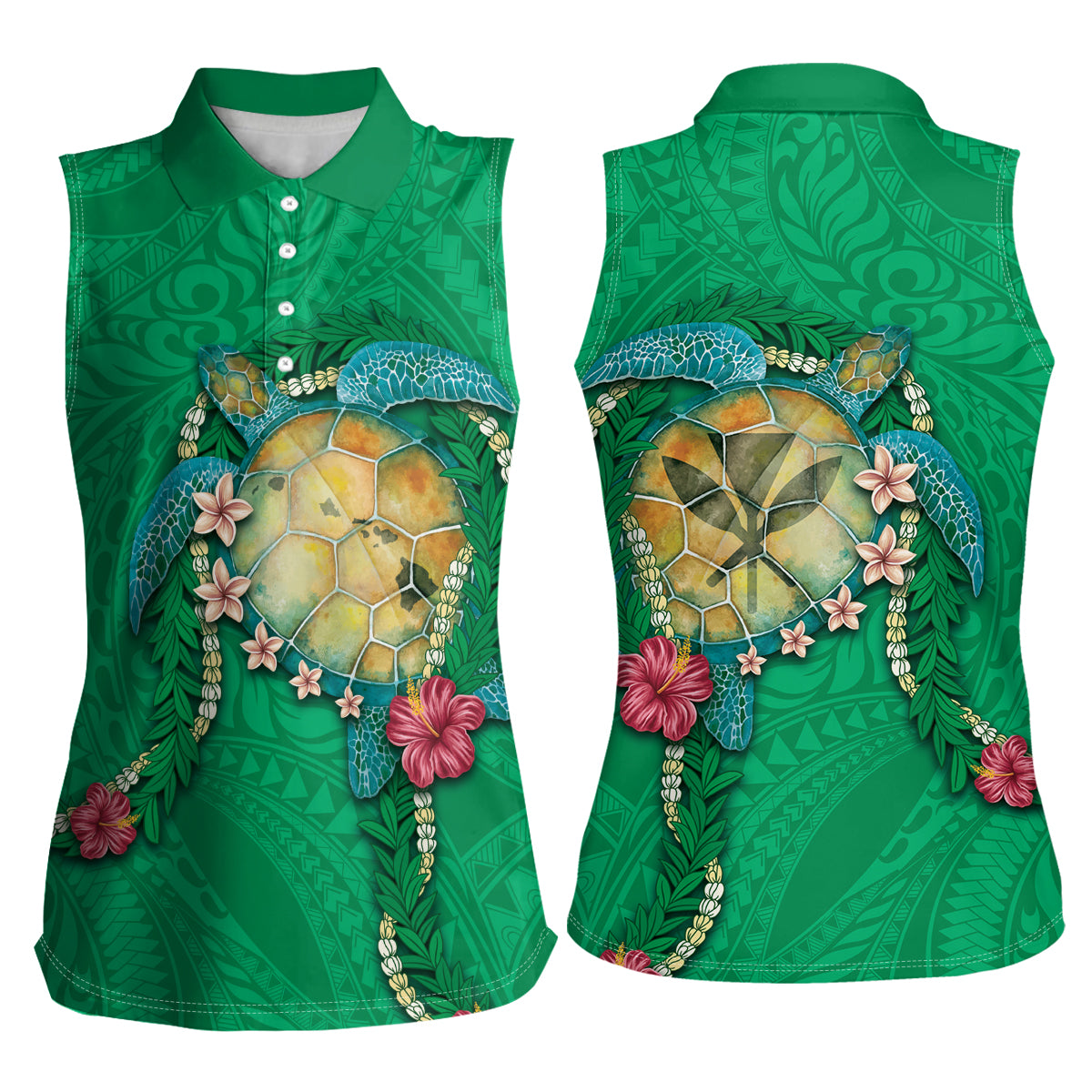 Hawaii Pikake and Maile Lei Women Sleeveless Polo Shirt Honu Polynesian Pattern Green Color