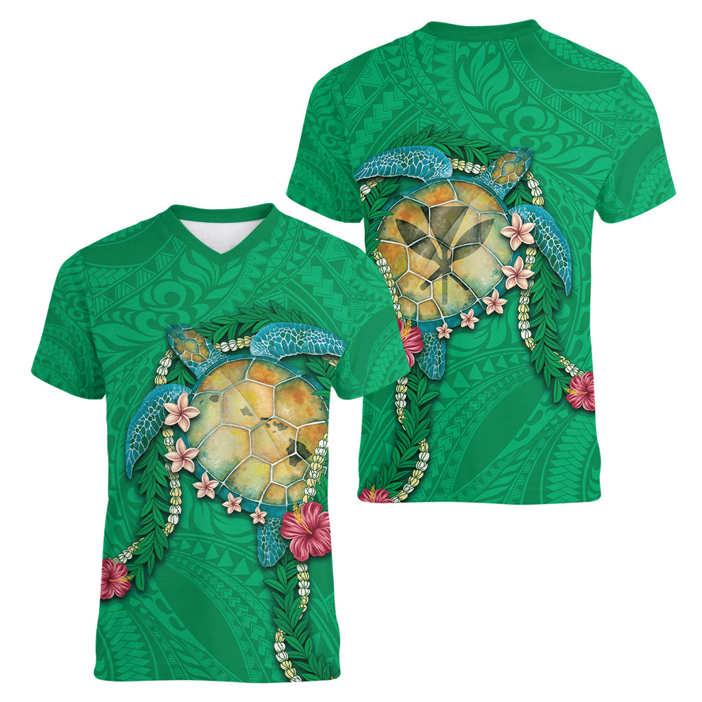 Hawaii Pikake and Maile Lei Women V-Neck T-Shirt Honu Polynesian Pattern Green Color
