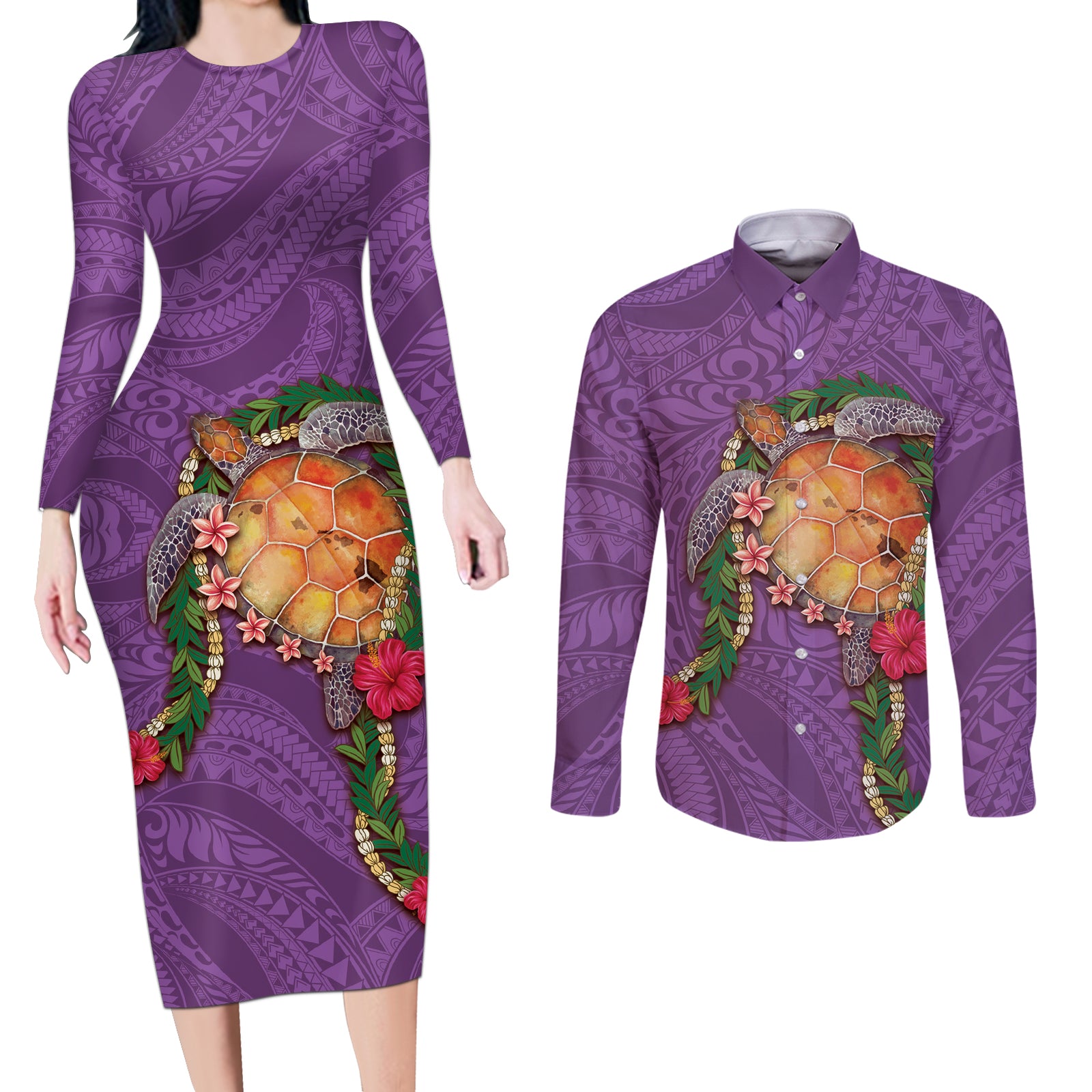 Hawaii Pikake and Maile Lei Couples Matching Long Sleeve Bodycon Dress and Long Sleeve Button Shirt Honu Polynesian Pattern Pink Color