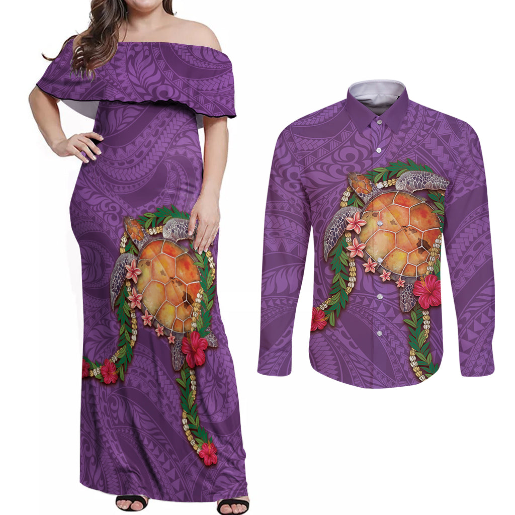 Hawaii Pikake and Maile Lei Couples Matching Off Shoulder Maxi Dress and Long Sleeve Button Shirt Honu Polynesian Pattern Pink Color