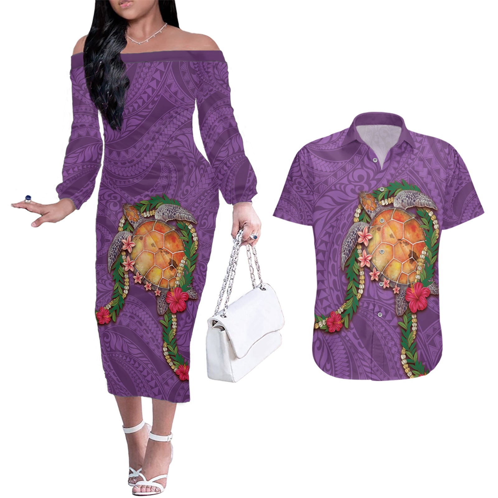 Hawaii Pikake and Maile Lei Couples Matching Off The Shoulder Long Sleeve Dress and Hawaiian Shirt Honu Polynesian Pattern Pink Color
