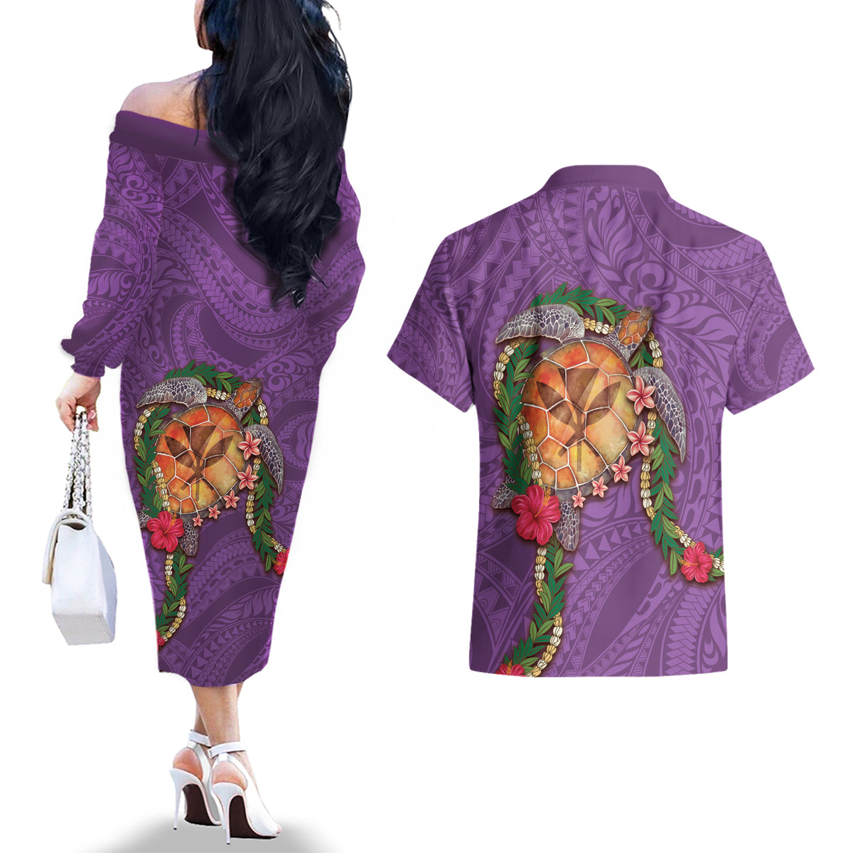 Hawaii Pikake and Maile Lei Couples Matching Off The Shoulder Long Sleeve Dress and Hawaiian Shirt Honu Polynesian Pattern Pink Color