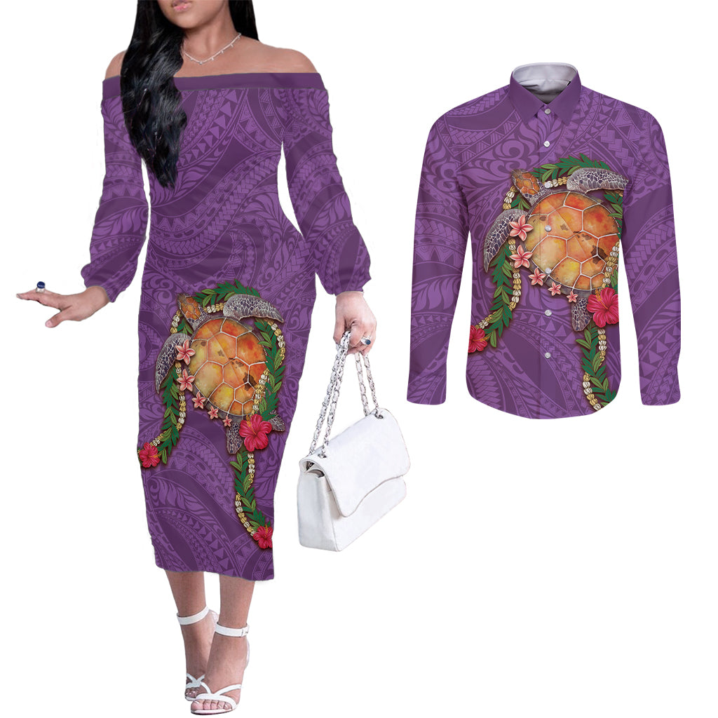 Hawaii Pikake and Maile Lei Couples Matching Off The Shoulder Long Sleeve Dress and Long Sleeve Button Shirt Honu Polynesian Pattern Pink Color