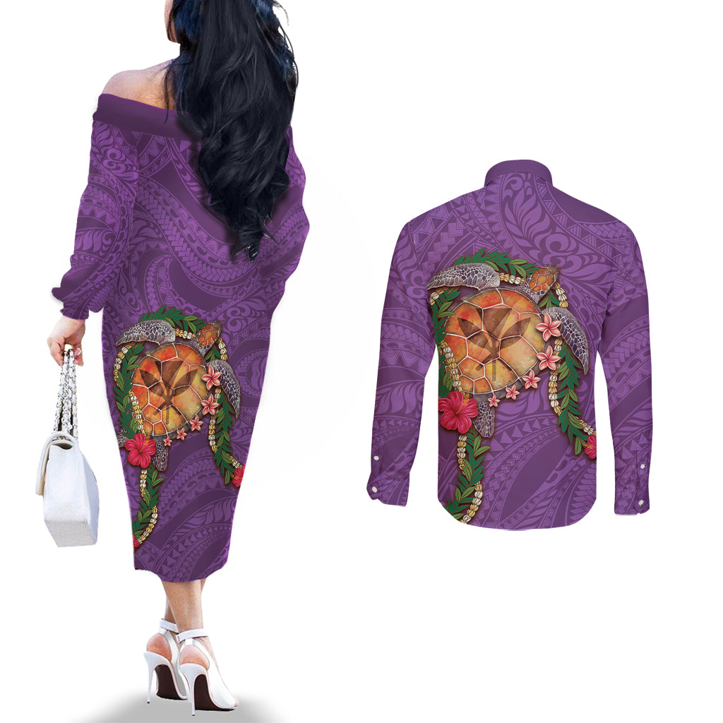 Hawaii Pikake and Maile Lei Couples Matching Off The Shoulder Long Sleeve Dress and Long Sleeve Button Shirt Honu Polynesian Pattern Pink Color