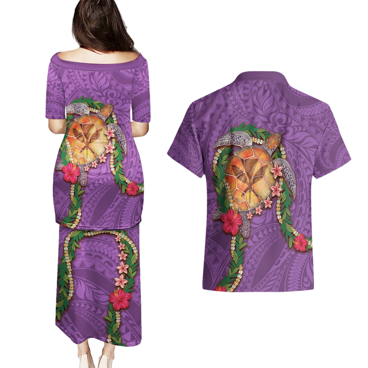 Hawaii Pikake and Maile Lei Couples Matching Puletasi and Hawaiian Shirt Honu Polynesian Pattern Pink Color