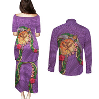 Hawaii Pikake and Maile Lei Couples Matching Puletasi and Long Sleeve Button Shirt Honu Polynesian Pattern Pink Color