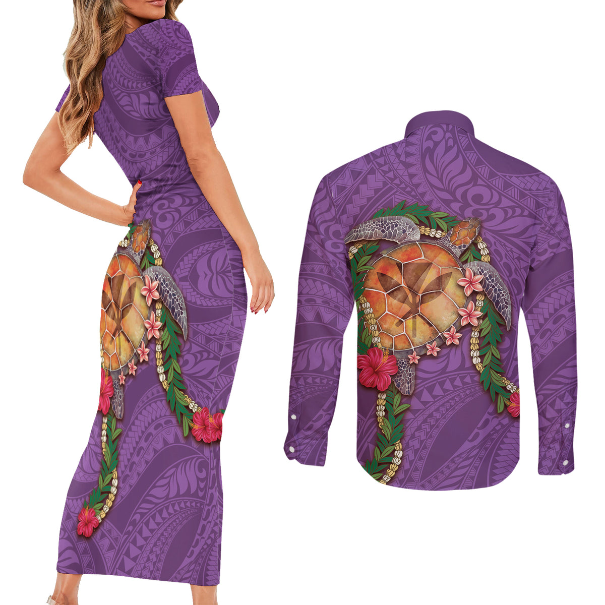 Hawaii Pikake and Maile Lei Couples Matching Short Sleeve Bodycon Dress and Long Sleeve Button Shirt Honu Polynesian Pattern Pink Color