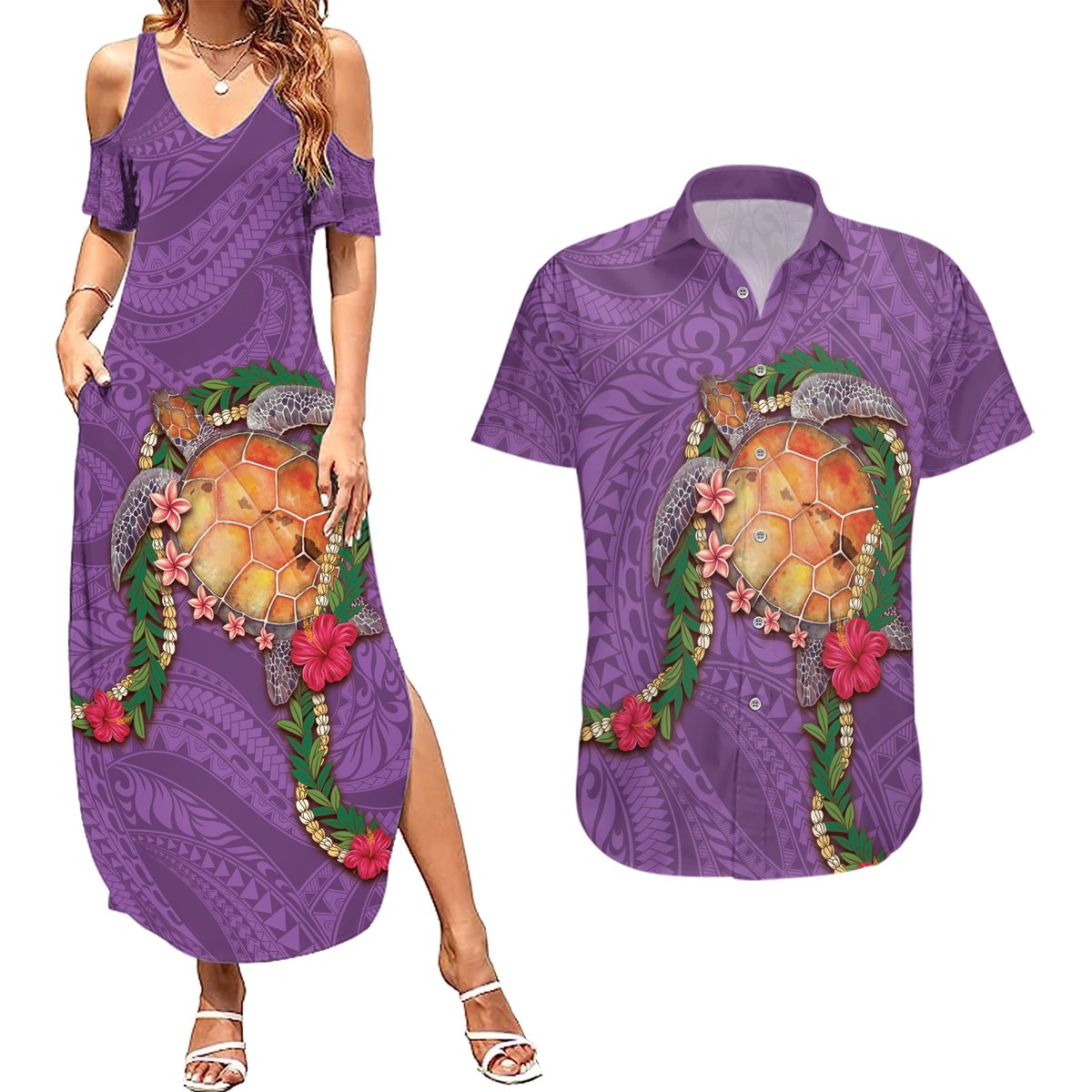 Hawaii Pikake and Maile Lei Couples Matching Summer Maxi Dress and Hawaiian Shirt Honu Polynesian Pattern Pink Color
