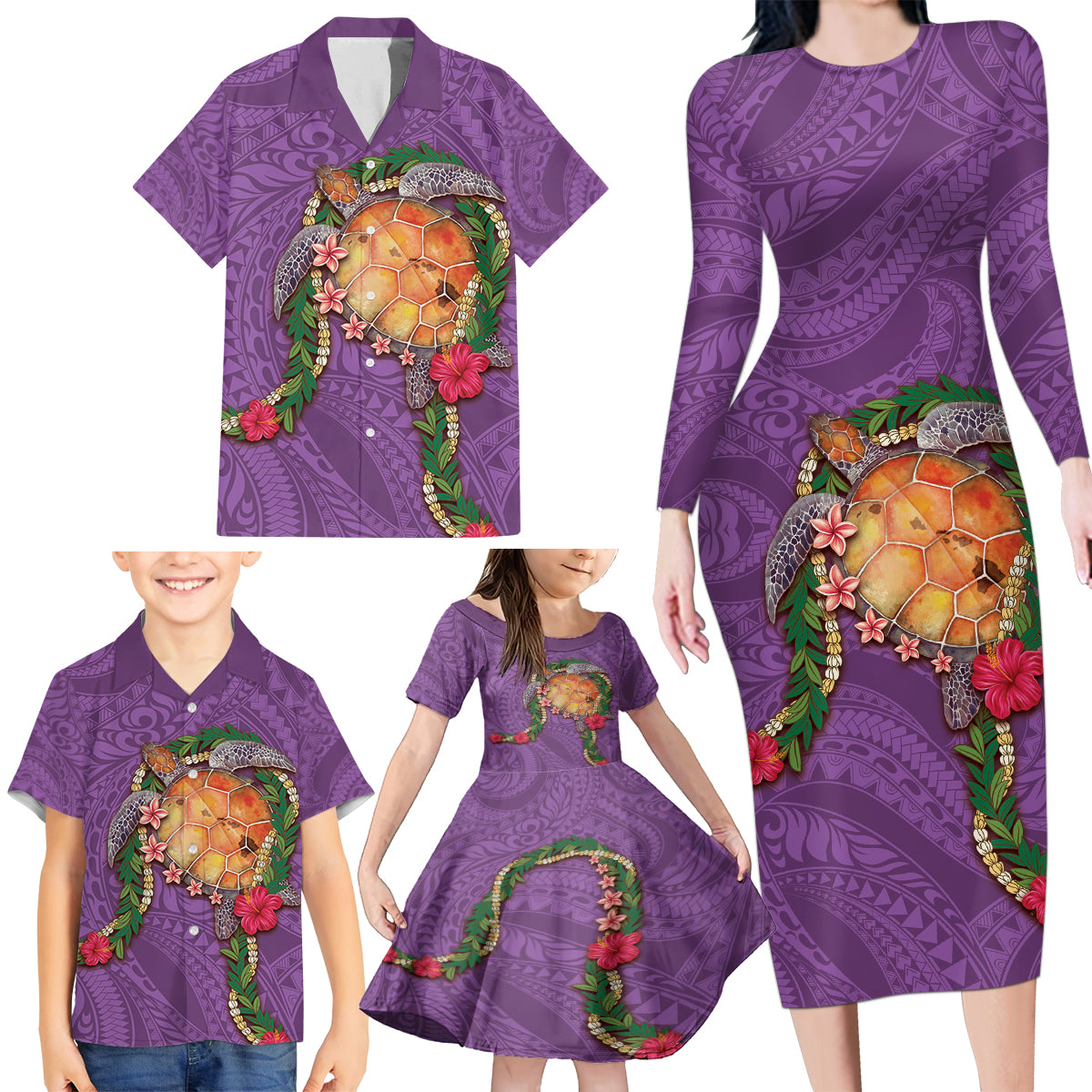 Hawaii Pikake and Maile Lei Family Matching Long Sleeve Bodycon Dress and Hawaiian Shirt Honu Polynesian Pattern Pink Color LT03 - Polynesian Pride