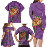 Hawaii Pikake and Maile Lei Family Matching Long Sleeve Bodycon Dress and Hawaiian Shirt Honu Polynesian Pattern Pink Color LT03 - Polynesian Pride