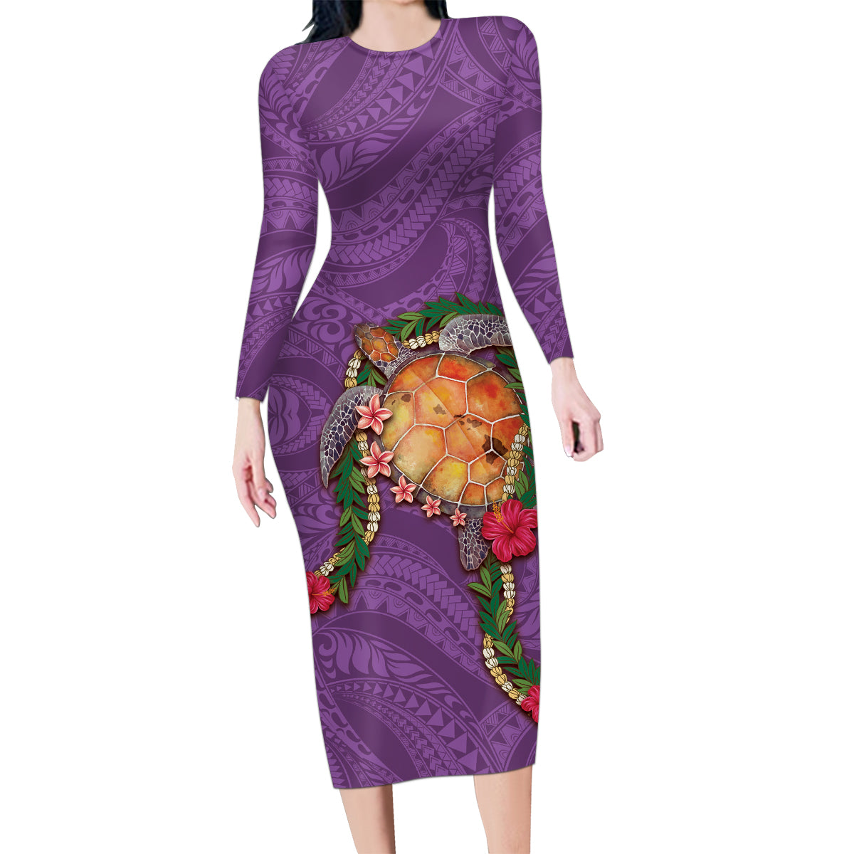 Hawaii Pikake and Maile Lei Family Matching Long Sleeve Bodycon Dress and Hawaiian Shirt Honu Polynesian Pattern Pink Color LT03 Mom's Dress Pink - Polynesian Pride