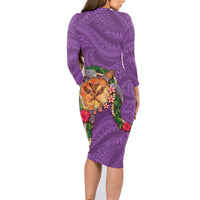 Hawaii Pikake and Maile Lei Family Matching Long Sleeve Bodycon Dress and Hawaiian Shirt Honu Polynesian Pattern Pink Color LT03 - Polynesian Pride