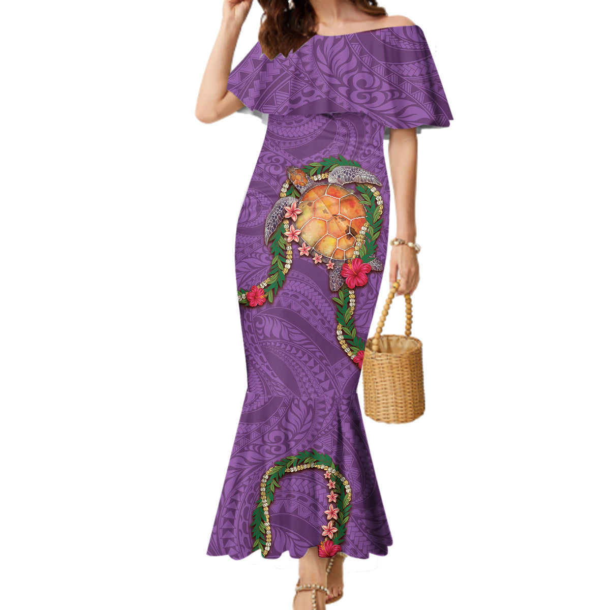 Hawaii Pikake and Maile Lei Family Matching Mermaid Dress and Hawaiian Shirt Honu Polynesian Pattern Pink Color LT03 Mom's Dress Pink - Polynesian Pride