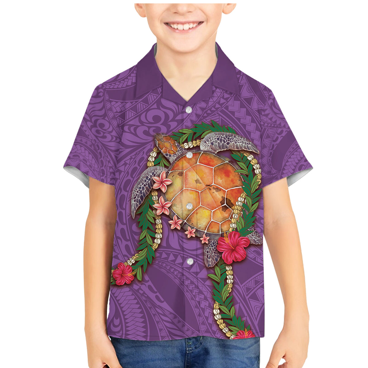 Hawaii Pikake and Maile Lei Family Matching Mermaid Dress and Hawaiian Shirt Honu Polynesian Pattern Pink Color LT03 Son's Shirt Pink - Polynesian Pride