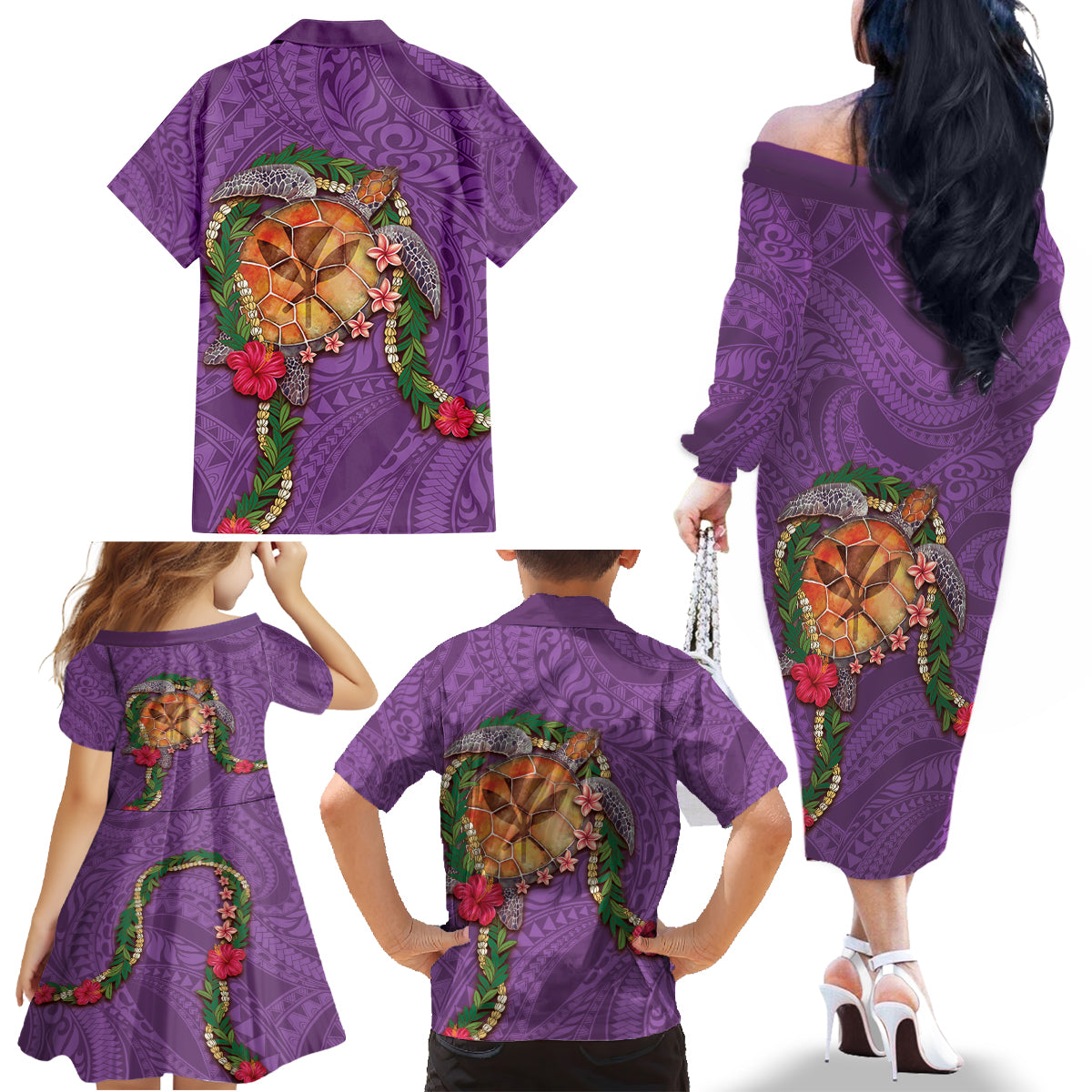 Hawaii Pikake and Maile Lei Family Matching Off The Shoulder Long Sleeve Dress and Hawaiian Shirt Honu Polynesian Pattern Pink Color LT03 - Polynesian Pride