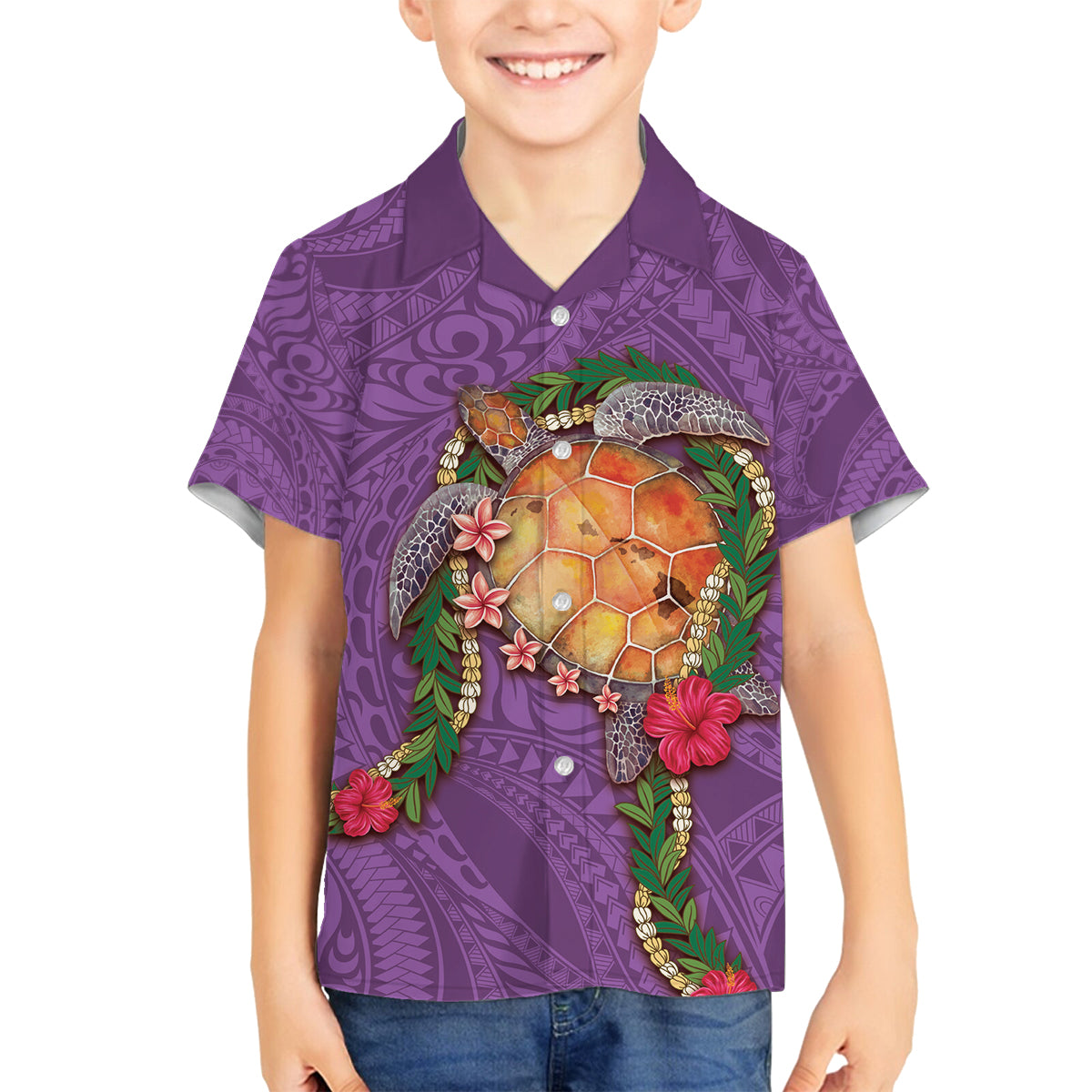 Hawaii Pikake and Maile Lei Family Matching Off The Shoulder Long Sleeve Dress and Hawaiian Shirt Honu Polynesian Pattern Pink Color LT03 Son's Shirt Pink - Polynesian Pride