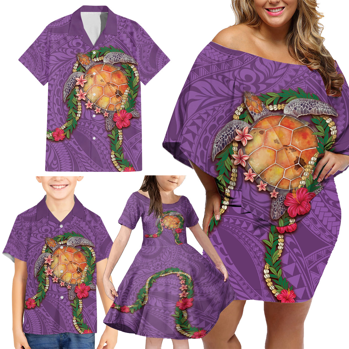 Hawaii Pikake and Maile Lei Family Matching Off Shoulder Short Dress and Hawaiian Shirt Honu Polynesian Pattern Pink Color LT03 - Polynesian Pride