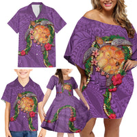 Hawaii Pikake and Maile Lei Family Matching Off Shoulder Short Dress and Hawaiian Shirt Honu Polynesian Pattern Pink Color LT03 - Polynesian Pride