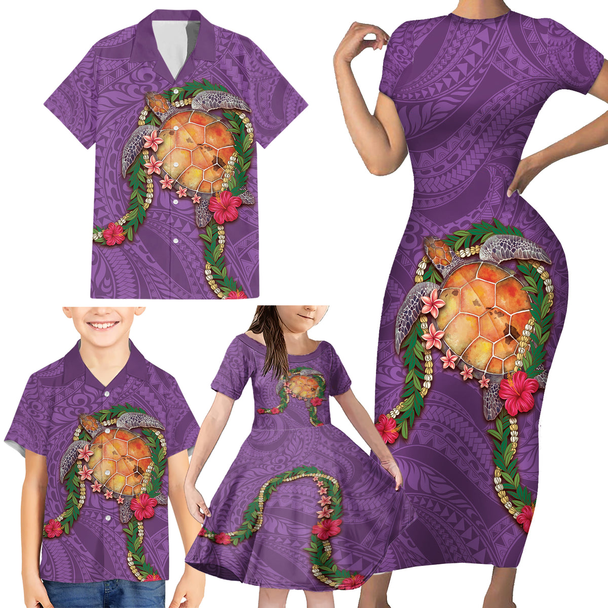 Hawaii Pikake and Maile Lei Family Matching Short Sleeve Bodycon Dress and Hawaiian Shirt Honu Polynesian Pattern Pink Color LT03 - Polynesian Pride