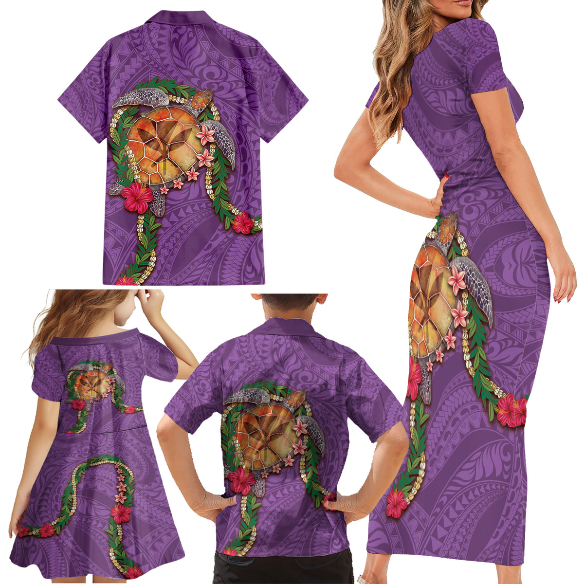 Hawaii Pikake and Maile Lei Family Matching Short Sleeve Bodycon Dress and Hawaiian Shirt Honu Polynesian Pattern Pink Color LT03 - Polynesian Pride