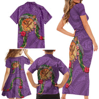Hawaii Pikake and Maile Lei Family Matching Short Sleeve Bodycon Dress and Hawaiian Shirt Honu Polynesian Pattern Pink Color LT03 - Polynesian Pride