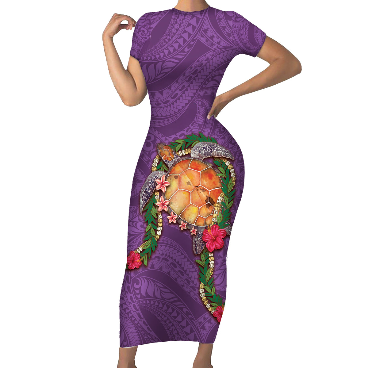 Hawaii Pikake and Maile Lei Family Matching Short Sleeve Bodycon Dress and Hawaiian Shirt Honu Polynesian Pattern Pink Color LT03 Mom's Dress Pink - Polynesian Pride
