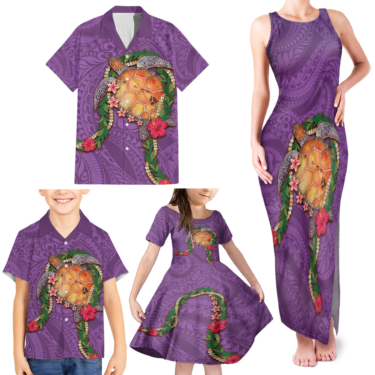 Hawaii Pikake and Maile Lei Family Matching Tank Maxi Dress and Hawaiian Shirt Honu Polynesian Pattern Pink Color LT03 - Polynesian Pride