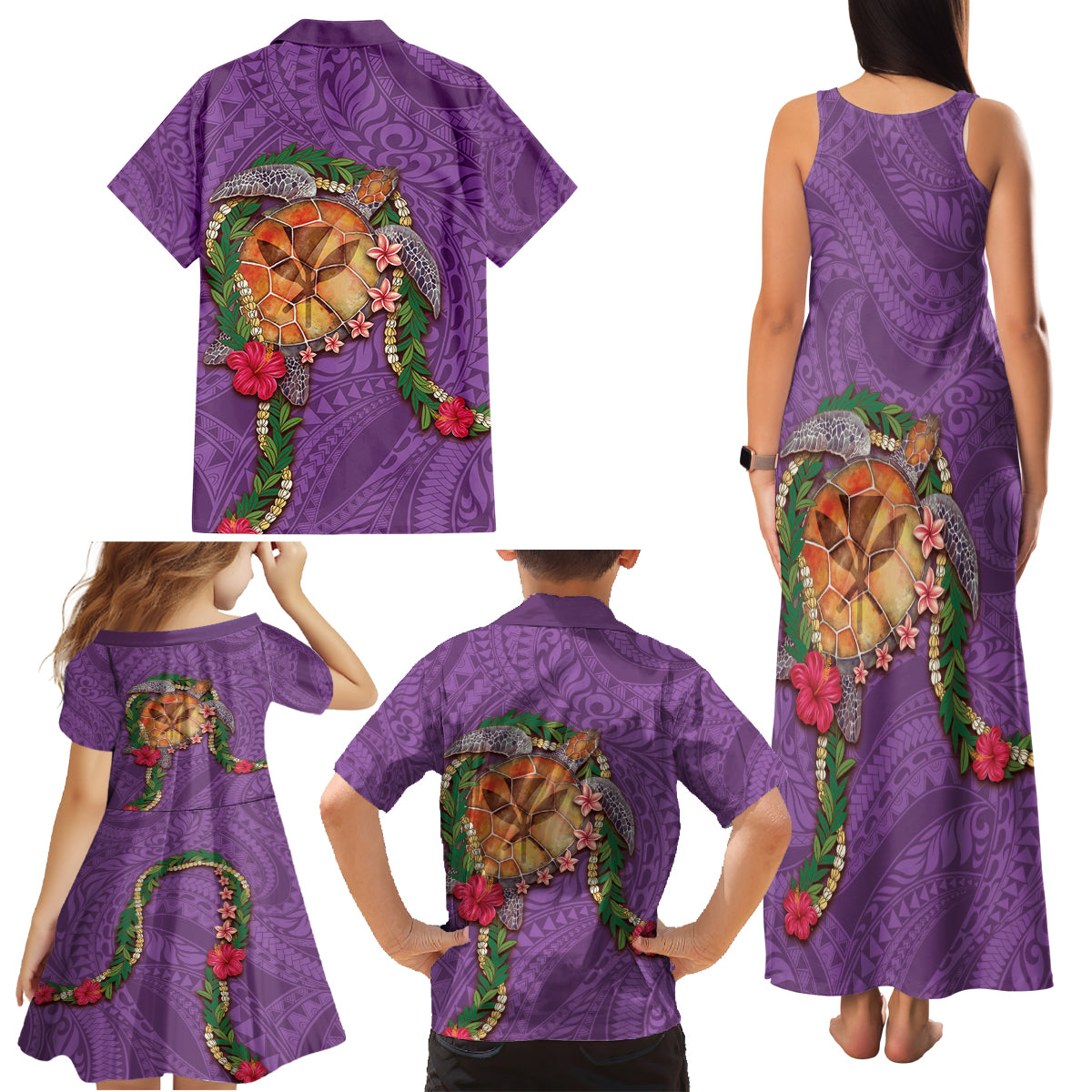 Hawaii Pikake and Maile Lei Family Matching Tank Maxi Dress and Hawaiian Shirt Honu Polynesian Pattern Pink Color LT03 - Polynesian Pride