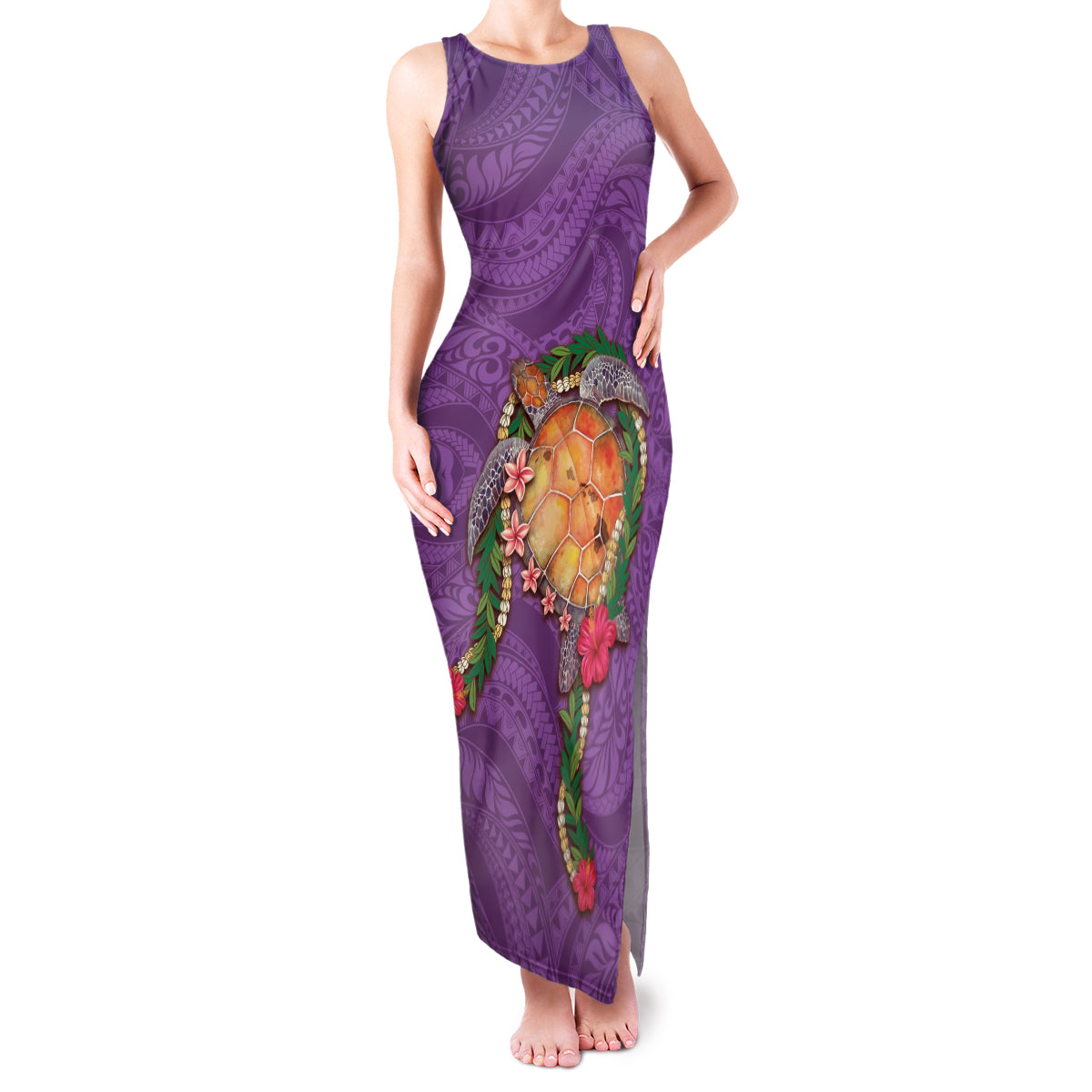 Hawaii Pikake and Maile Lei Family Matching Tank Maxi Dress and Hawaiian Shirt Honu Polynesian Pattern Pink Color LT03 Mom's Dress Pink - Polynesian Pride