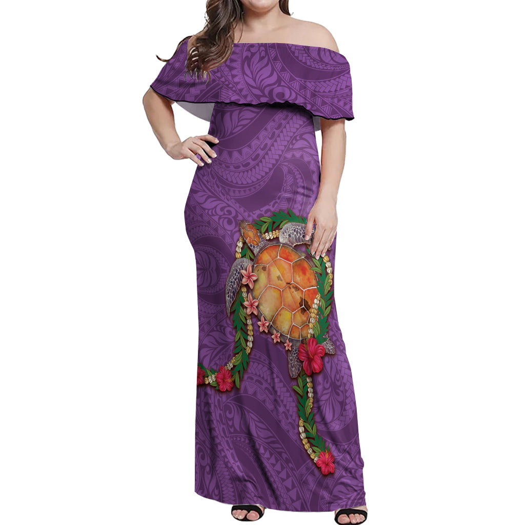 Hawaii Pikake and Maile Lei Off Shoulder Maxi Dress Honu Polynesian Pattern Pink Color