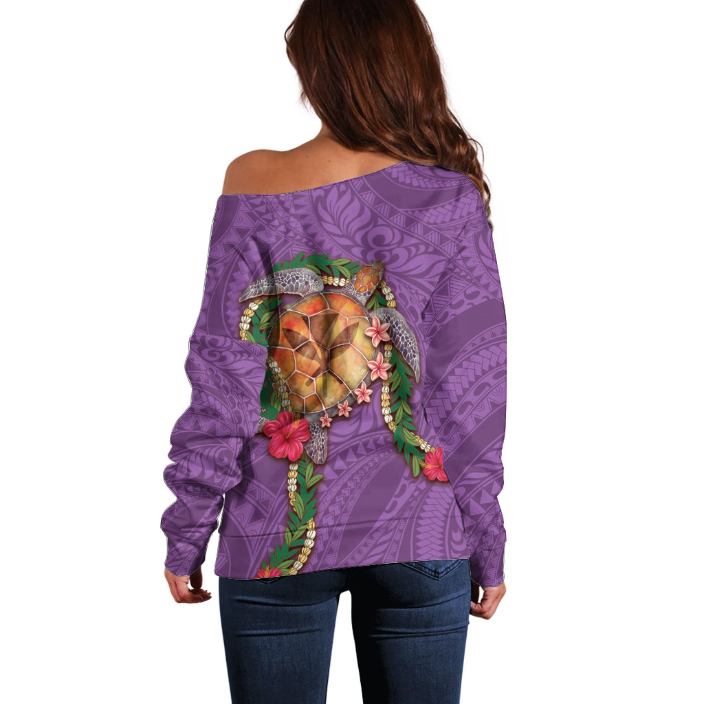 Hawaii Pikake and Maile Lei Off Shoulder Sweater Honu Polynesian Pattern Pink Color