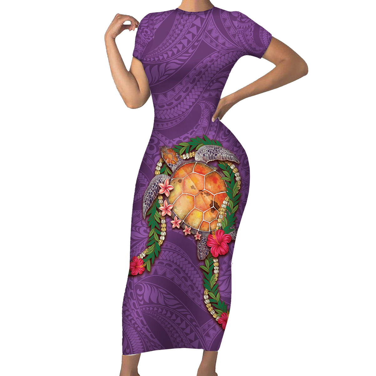 Hawaii Pikake and Maile Lei Short Sleeve Bodycon Dress Honu Polynesian Pattern Pink Color LT03 Long Dress Pink - Polynesian Pride