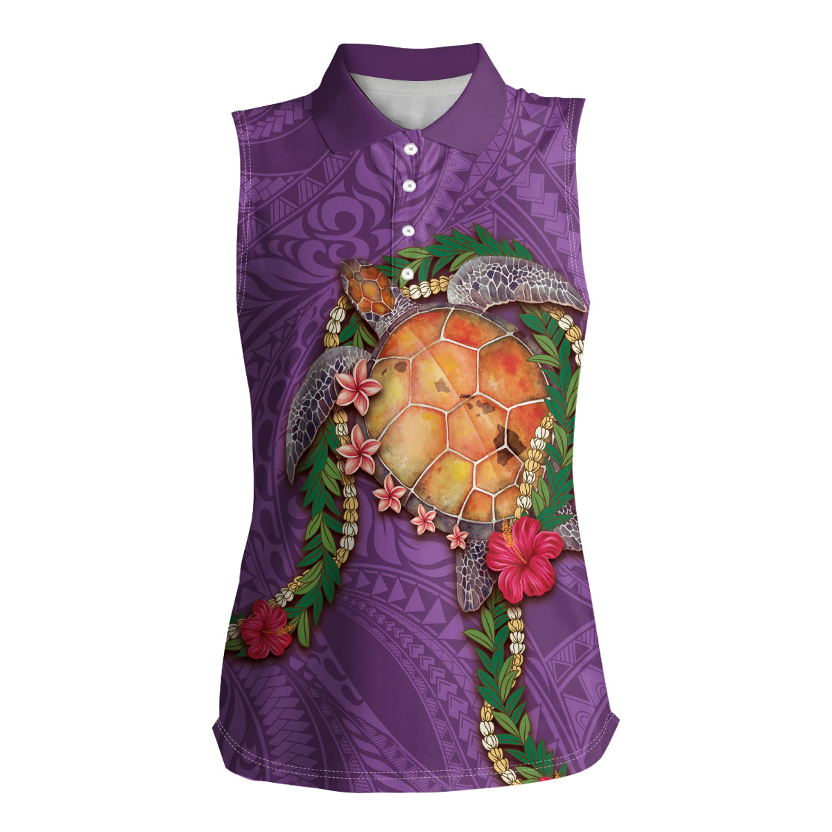 Hawaii Pikake and Maile Lei Women Sleeveless Polo Shirt Honu Polynesian Pattern Pink Color
