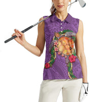 Hawaii Pikake and Maile Lei Women Sleeveless Polo Shirt Honu Polynesian Pattern Pink Color