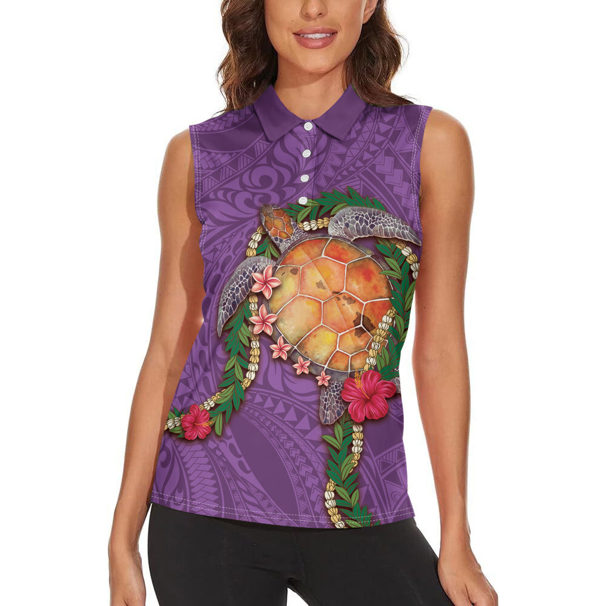 Hawaii Pikake and Maile Lei Women Sleeveless Polo Shirt Honu Polynesian Pattern Pink Color