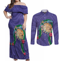 Hawaii Pikake and Maile Lei Couples Matching Off Shoulder Maxi Dress and Long Sleeve Button Shirt Honu Polynesian Pattern Purple Color