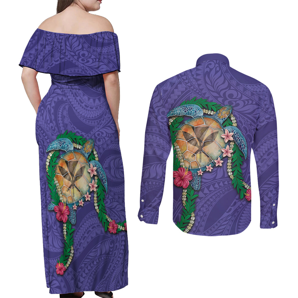 Hawaii Pikake and Maile Lei Couples Matching Off Shoulder Maxi Dress and Long Sleeve Button Shirt Honu Polynesian Pattern Purple Color