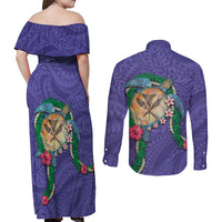 Hawaii Pikake and Maile Lei Couples Matching Off Shoulder Maxi Dress and Long Sleeve Button Shirt Honu Polynesian Pattern Purple Color