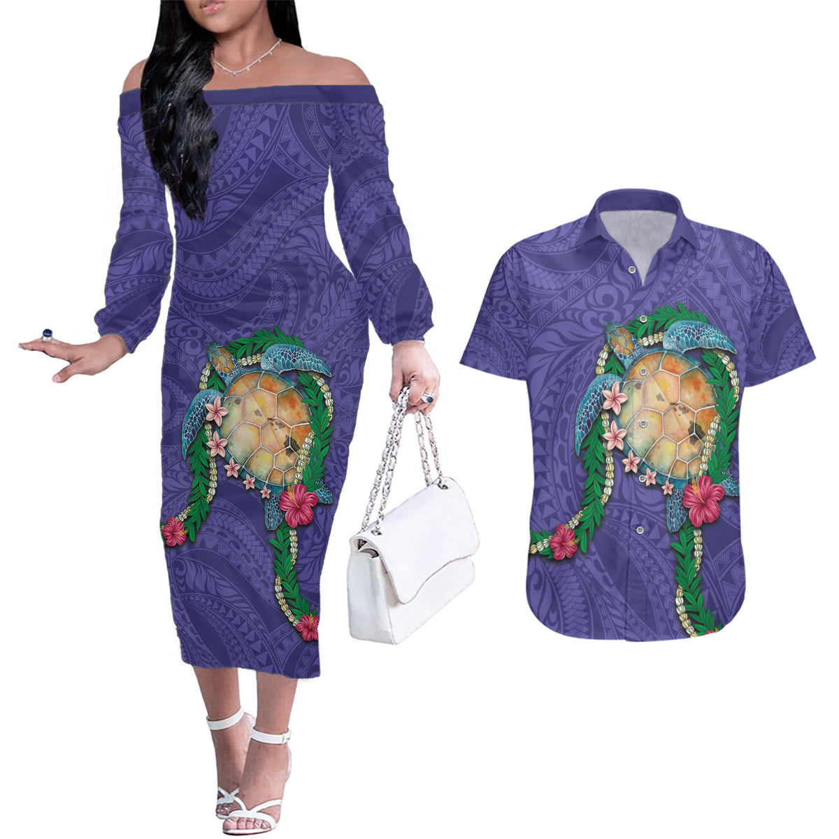 Hawaii Pikake and Maile Lei Couples Matching Off The Shoulder Long Sleeve Dress and Hawaiian Shirt Honu Polynesian Pattern Purple Color LT03 Purple - Polynesian Pride