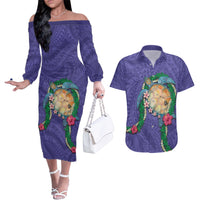 Hawaii Pikake and Maile Lei Couples Matching Off The Shoulder Long Sleeve Dress and Hawaiian Shirt Honu Polynesian Pattern Purple Color LT03 Purple - Polynesian Pride