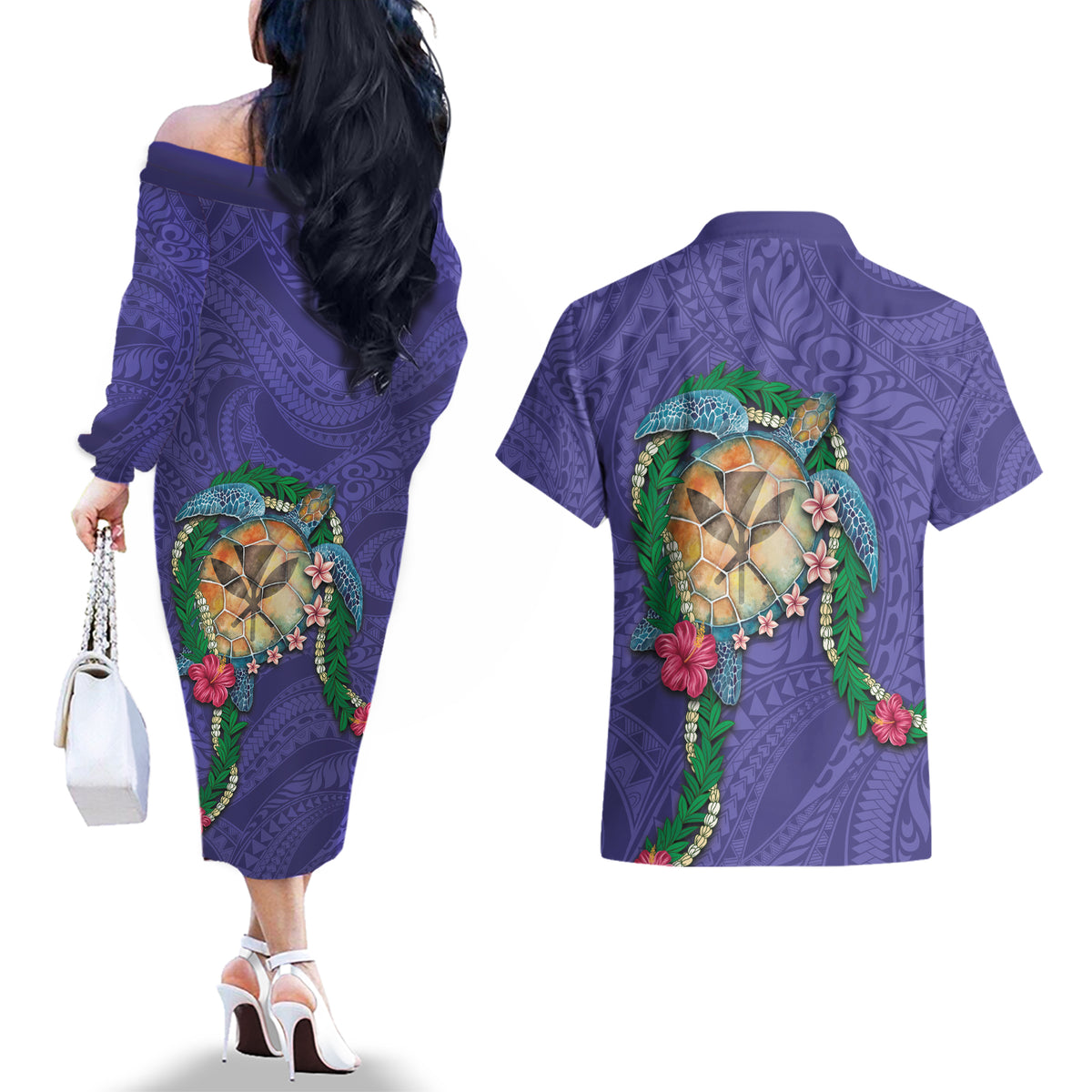 Hawaii Pikake and Maile Lei Couples Matching Off The Shoulder Long Sleeve Dress and Hawaiian Shirt Honu Polynesian Pattern Purple Color LT03 - Polynesian Pride