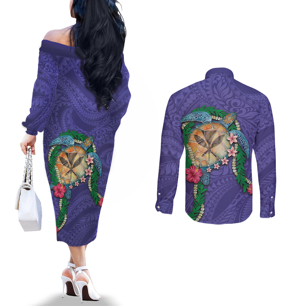 Hawaii Pikake and Maile Lei Couples Matching Off The Shoulder Long Sleeve Dress and Long Sleeve Button Shirt Honu Polynesian Pattern Purple Color