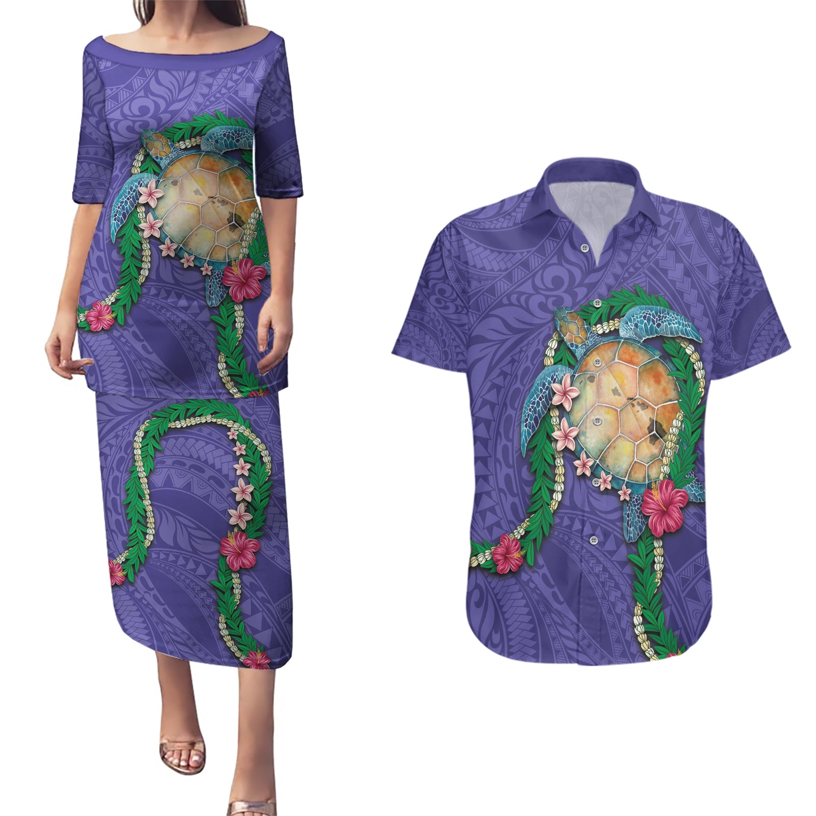 Hawaii Pikake and Maile Lei Couples Matching Puletasi and Hawaiian Shirt Honu Polynesian Pattern Purple Color