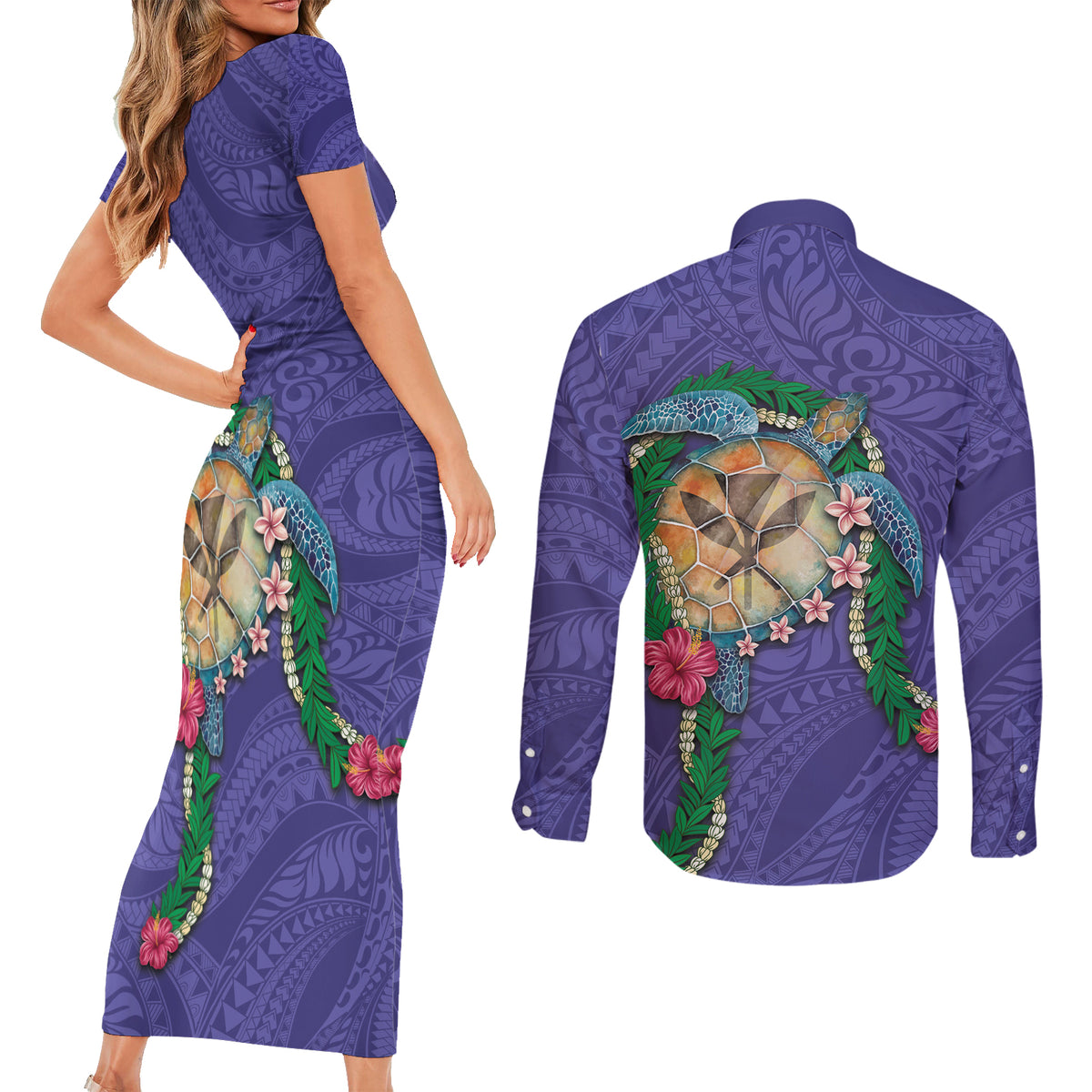 Hawaii Pikake and Maile Lei Couples Matching Short Sleeve Bodycon Dress and Long Sleeve Button Shirt Honu Polynesian Pattern Purple Color